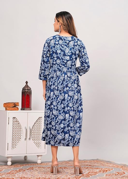 Elegant Anarkali Poly Crepe Printed Kurti - Grey & Blue (Size M)