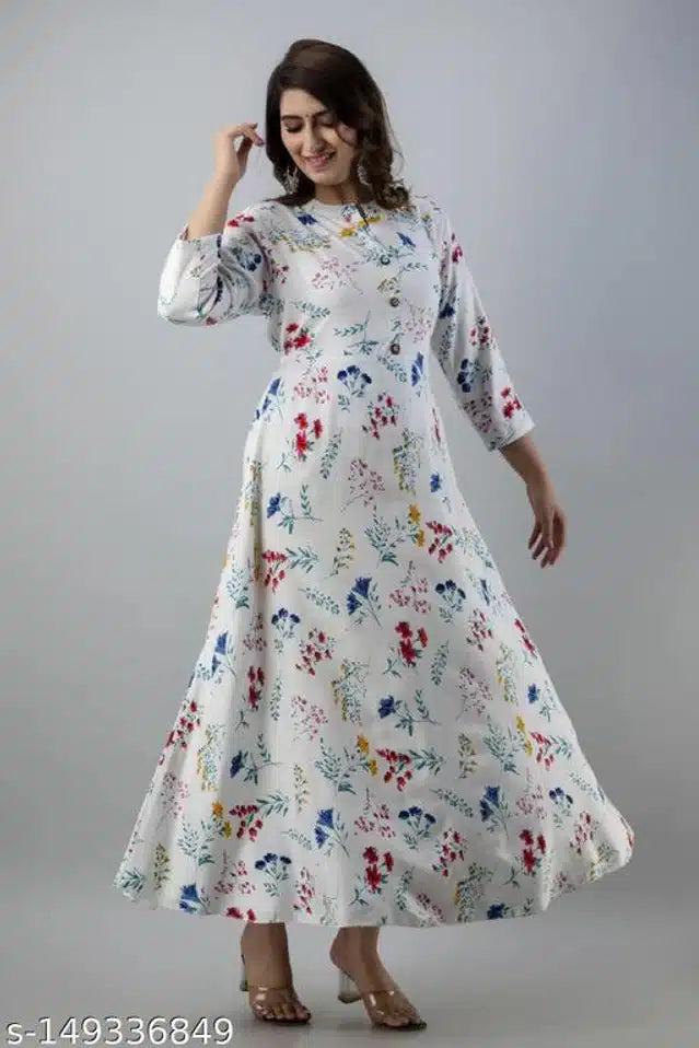 Elegant Anarkali Rayon Printed Kurti - White & Blue Floral Design for Women (Size M)