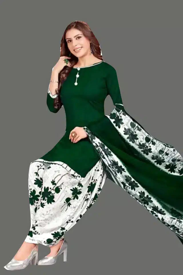 Premium Crepe Printed Dress Material - White & Green Floral Print for Women & Girls