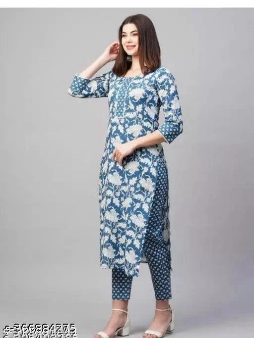 Cotton Printed Kurti with Pant Set for Women - Multicolor Traditional Ethnic Wear