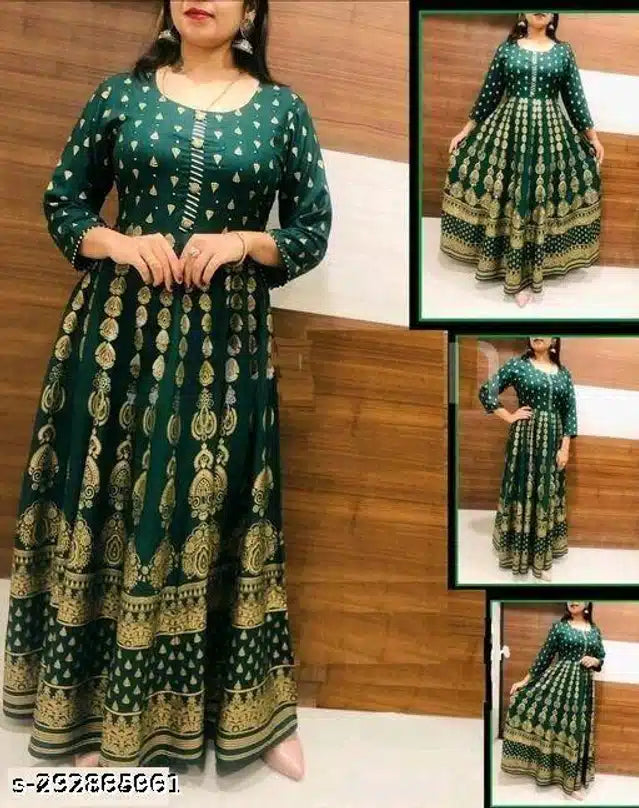 Elegant Anarkali Rayon Printed Kurti - Bottle Green & Gold Floral Design (Size M)