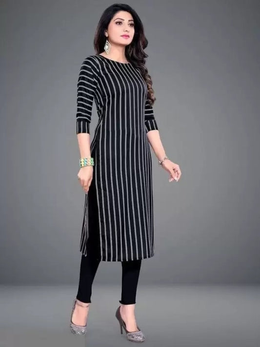 Women's Black Striped Crepe Kurti - Elegant Casual Ethnic Wear