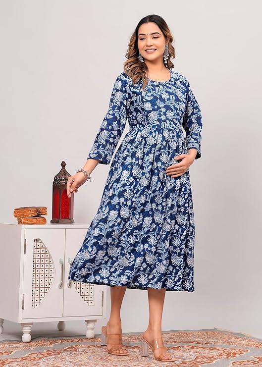 Elegant Anarkali Poly Crepe Printed Kurti - Grey & Blue (Size M)