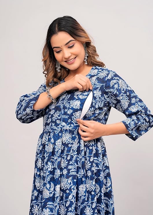 Elegant Anarkali Poly Crepe Printed Kurti - Grey & Blue (Size M)