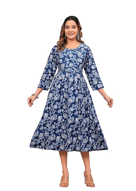 Elegant Anarkali Poly Crepe Printed Kurti - Grey & Blue (Size M)