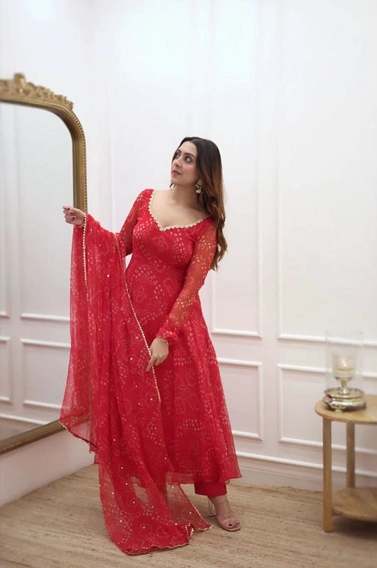 Women's Red Bandhani Style Traditional Gown - Elegant Indian Ethnic Wear