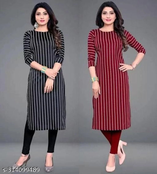 Stylish Crepe Striped Kurti Set - Black & Red Pack of 2 (Size S)