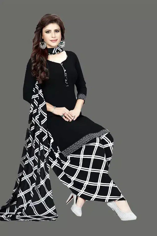 Premium Crepe Printed Dress Material - Black & White Elegant Design for Women & Girls