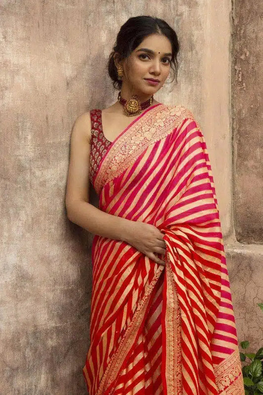 Stunning Red Jacquard Striped Saree - Contemporary Indian Ethnic Wear