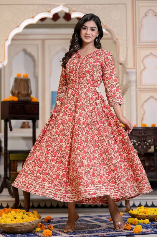 Cotton Printed Anarkali Kurti - Red Floral Design for Women (Size M)