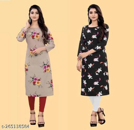 Premium Crepe Printed Kurti Set - Brown & Black Pack of 2 (Size S)