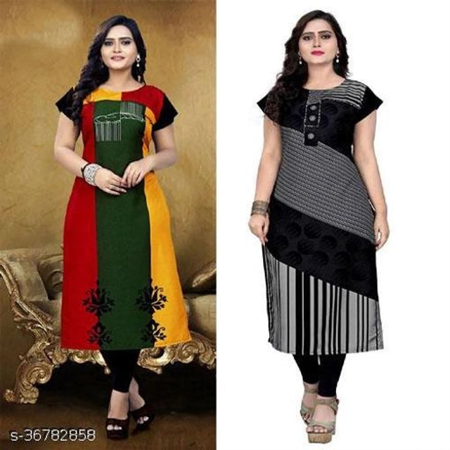 Crepe Printed Kurti Set for Women - Green & Grey Combo Pack (Size M) - Pack of 2