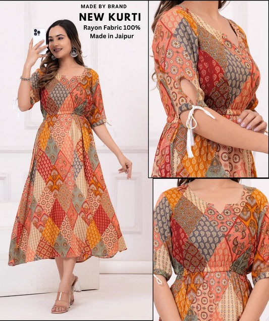 Elegant Rayon Printed Anarkali Kurti - Multicolor Floral Design for Women