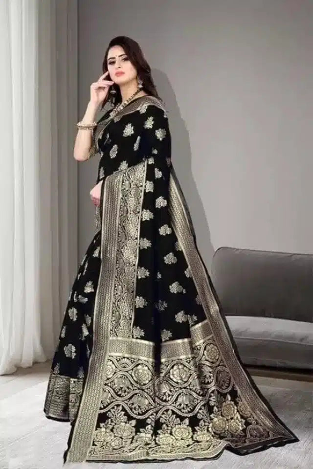 Elegant Black Jacquard Foil Printed Saree - Premium 6.3m Traditional Wear